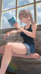  1girl absurdres bare_arms bare_legs barefoot bl-a-ck black_tank_top closed_mouth cloud commentary_request couch denim denim_shorts earclip girls_band_cry grey_eyes highres holding_cd indoors kawaragi_momoka light_brown_hair long_hair on_couch ponytail shorts solo tank_top window 