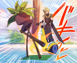  1boy armor baggy_pants belt black_gloves blonde_hair brown_belt buster_sword cloud_strife collision final_fantasy final_fantasy_vii final_fantasy_vii_rebirth final_fantasy_vii_remake flower flower_necklace full_body gloves hair_between_eyes jewelry lei male_focus mizu_cx necklace outdoors pants plant potted_plant segway short_hair shoulder_armor single_bare_shoulder single_shoulder_pad sleeveless sleeveless_turtleneck solo spiked_hair turtleneck twitter_username weapon weapon_on_back 