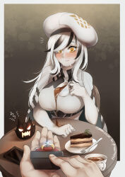  1girl abyssal_ship angry beret blush cake cake_slice cellphone commission drink familiar food fork hat highres jewelry kantai_collection long_hair marriage_proposal pale_skin phone ring scarf seaplane_tender_water_princess striped_clothes striped_scarf tea tears uni_(oni_unicorn) wedding_ring white_hair 