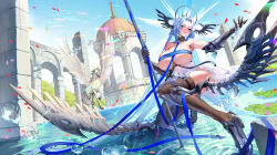  1girl alsace_(azur_lane) architecture armored_boots armored_legwear armpits azur_lane bare_shoulders between_breasts black_gloves black_thighhighs black_tiara blue_eyes blue_hair blue_ribbon blue_sky boots breast_strap breastless_clothes breasts chinese_commentary cleavage cloud collarbone commentary_request day detached_collar dress flower full_body gauntlets gloves hair_ornament halo halo_behind_head headgear highres holding holding_staff large_breasts lens_flare long_hair looking_at_viewer lotus no_mask on_one_knee outdoors parted_bangs parted_lips pegasus ribbon shadow sidelocks skindentation sky smile solo staff standing standing_on_liquid strap_between_breasts thighhighs tiara very_long_hair water white_dress wings xue_yue_(zero) 