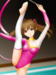 1girl blurry blurry_background breasts brown_eyes brown_hair cameltoe character_request copyright_request covered_erect_nipples covered_navel cowboy_shot female_focus flexible gymnastics gymnastics_ribbon hair_ribbon half-soles highres indoors leg_up leotard long_hair looking_at_viewer medium_breasts no_shoes pink_ribbon rhythmic_gymnastics ribbon ribbon_baton samejima_minoru smile solo split standing standing_on_one_leg standing_split stirrup_legwear thighhighs toeless_legwear twintails white_thighhighs rating:Questionable score:19 user:ara-ara