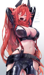  1girl absurdres ahoge arms_behind_head arms_up belt between_breasts black_belt breasts chikabe cleavage closed_eyes commentary_request cowboy_shot cropped_jacket crotch_plate goddess_of_victory:_nikke hair_between_eyes hair_flaps highres hip_vent horns jacket large_breasts leather leather_jacket leather_pants long_hair long_sleeves mechanical_horns midriff navel open_mouth pants red_hair red_hood_(nikke) red_scarf scarf sidelocks simple_background solo standing strap_between_breasts stretching suspenders teeth twitter_username unzipped white_background yawning zipper 