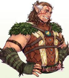 1boy alternate_hair_color baldur&#039;s_gate baldur&#039;s_gate_3 bara belly chest_harness cropped_torso dungeons_&amp;_dragons grass grin halsin hands_on_own_hips harness head_tilt highres looking_ahead male_focus mature_male medium_hair multicolored_hair muscular muscular_male pointy_ears rope smile solo streaked_hair thick_eyebrows tribal underbust veins veiny_arms weatherbane