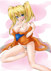  1girl artist_request bare_legs bare_shoulders barefoot blonde_hair blue_eyes blush breasts cameltoe cleavage collarbone facial_mark facing_viewer female_focus genderswap genderswap_(mtf) hand_up happy japanese_clothes kimono long_hair looking_at_viewer maebari medium_breasts naruko_(naruto) naruto naruto_(series) no_bra no_panties obi off_shoulder orange_kimono parted_lips partially_undressed revealing_clothes sash seductive_smile sexy_no_jutsu sitting smile solo teasing tongue tongue_out twintails undressing uzumaki_naruto whisker_markings whiskers yukata  rating:Questionable score:31 user:danbooru