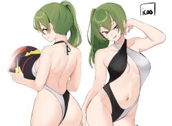  1girl artist_name ass backless_swimsuit ball bare_arms bare_shoulders black_one-piece_swimsuit breasts center_opening closed_mouth commentary criss-cross_halter crossed_bangs english_commentary green_hair grey_one-piece_swimsuit hair_between_eyes halterneck highleg highleg_swimsuit highres holding holding_ball icoo large_breasts long_hair looking_at_viewer looking_back multiple_views navel one-piece_swimsuit open_mouth purple_eyes side_ponytail simple_background smile sousou_no_frieren swimsuit two-tone_swimsuit ubel_(sousou_no_frieren) white_background 