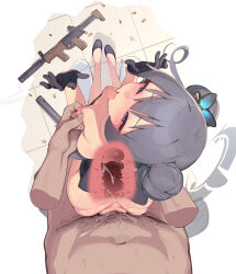  1boy 1girl ahegao ass black_gloves blue_archive blue_eyes blush bouncing_ass breasts breasts_out butterfly_hair_ornament censored china_dress chinese_clothes clothed_female_nude_male disembodied_hand double_bun dress from_above gloves grey_hair gun hair_bun hair_ornament highres kisaki_(blue_archive) large_penis looking_back male_pubic_hair nipple_stimulation nipple_tweak no_panties nude open_mouth penis pointless_censoring pov pubic_hair rifle sex sex_from_behind sgt-jz small_breasts standing standing_sex stray_pubic_hair tongue tongue_out transparent weapon x-ray  rating:Explicit score:224 user:danbooru
