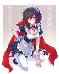  1girl alternate_costume apron black_dress black_hair breasts cape cleavage dress enmaided frilled_apron frilled_thighhighs frills full_body gradient_hair grey_eyes highres iesupa kneeling looking_at_viewer maid maid_apron maid_headdress mary_janes medium_breasts multicolored_hair puffy_short_sleeves puffy_sleeves red_cape red_hair ruby_rose rwby shoes short_hair short_sleeves smile solo thighhighs two-tone_hair waist_apron white_apron white_thighhighs wrist_cuffs  rating:Sensitive score:12 user:danbooru