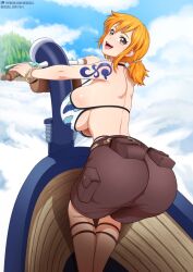  1girl ass bare_shoulders bikini blue_sky breasts cloud denim jeans large_breasts looking_at_viewer nami_(one_piece) neocoill one_piece orange_hair pants shoulder_tattoo sideboob sky smile solo swimsuit tattoo teeth upper_teeth_only 