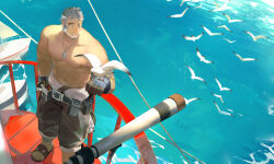  1boy abs bara beard belt bird blue_eyes closed_mouth dog_tags facial_hair fingerless_gloves full_beard full_body gloves grey_hair highres indie_virtual_youtuber kaito_navigator looking_at_animal male_focus multicolored_hair muscular muscular_male mustache_stubble navel nipples ocean ponytail sandals scar scar_on_face scar_on_nose seagull solo standing streaked_hair stubble telescope thick_arms thick_eyebrows topless_male two-tone_beard utility_belt virtual_youtuber white_hair yuuko_(yuuko891) 