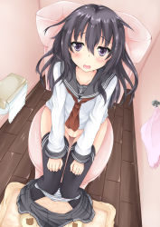 10s 1girl akatsuki_(kancolle) bad_id bad_pixiv_id black_hair black_thighhighs blush clothes_pull collarbone hat highres kantai_collection long_hair looking_at_viewer no_headwear open_mouth panties panty_pull pink_towel pleated_skirt purple_eyes purple_hair ryoku_tya ryokucha_(@bsolute_territory) school_uniform serafuku sitting skirt skirt_pull slippers solo striped_clothes striped_panties thighhighs toilet toilet_paper toilet_use towel underwear rating:Questionable score:27 user:danbooru