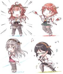  4girls black_hair black_skirt blush brown_hair brown_skirt chibi cup curry curry_rice detached_sleeves food green-framed_eyewear haruna_(kancolle) headgear hiei_(kancolle) highres holding holding_cup holding_microphone_stand japanese_clothes kantai_collection kirishima_(kancolle) kongou_(kancolle) long_hair microphone microphone_stand multiple_girls musical_note nontraditional_miko open_mouth plaid plaid_skirt pleated_skirt poipoi_purin ribbon-trimmed_sleeves ribbon_trim rice short_hair simple_background skirt thighhighs wide_sleeves 