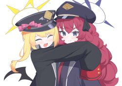  2girls ^_^ absurdres anma21 bat_wings black_jacket black_wings blonde_hair blue_archive blue_halo blush closed_eyes closed_mouth grey_eyes hair_between_eyes halo hat highres hug ibuki_(blue_archive) iroha_(blue_archive) jacket long_hair long_sleeves looking_at_viewer low_wings multiple_girls open_mouth peaked_cap red_hair simple_background sleeves_past_fingers sleeves_past_wrists smile upper_body wavy_hair white_background wings yellow_halo 