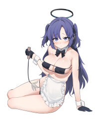  1girl absurdres aningay apron arm_support bare_shoulders bikini black_bikini black_bow black_gloves blue_archive bow breasts collar collarbone detached_collar eyepatch_bikini frilled_apron frills gloves half_gloves halo highres holding large_breasts long_hair parted_bangs purple_eyes purple_hair simple_background sitting solo swimsuit two_side_up very_long_hair waist_apron white_apron white_background white_collar wing_collar wrist_cuffs yokozuwari yuuka_(blue_archive) 