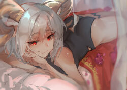  1girl absurdres animal_ears arknights ass bare_arms bare_shoulders black_leotard carnelian_(arknights) closed_mouth goat_ears goat_girl goat_horns grey_hair hair_between_eyes highres horns indoors kaguura_(kagu) leotard looking_at_viewer lying on_stomach red_eyes solo thigh_strap transparent  rating:Sensitive score:17 user:danbooru