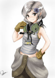 1girl absurdres breasts brown_eyes closed_mouth clothes_around_waist dated ear_protection flower gloves grey_hair hair_flower hair_ornament hairclip headset highres kouon_(socommk23) long_hair looking_at_viewer metal_gear_(series) metal_gear_rising:_revengeance signature simple_background small_breasts smile solo striped sunny_gurlukovich tank_top white_background 