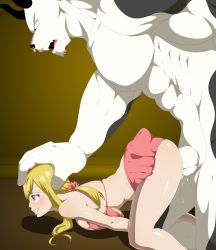  1boy 1girl ass bikini blonde_hair blush breast_press breasts brown_eyes clothed_sex doggystyle edjim fairy_tail from_side furry furry_with_non-furry grin hair_ornament hand_on_another&#039;s_head happy_sex hetero highres interspecies large_insertion lucy_heartfilia minotaur muscular muscular_male nose_piercing nose_ring on_floor pectorals penis piercing profile scrunchie sex sex_from_behind shiny_skin skindentation smile swimsuit taurus_(fairy_tail) thighs top-down_bottom-up uncensored  rating:Explicit score:303 user:bryanlg