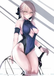 1girl absurdres ahoge arm_support artoria_pendragon_(all) artoria_pendragon_(fate) bare_legs bare_shoulders blonde_hair blush braid breasts center_opening closed_mouth competition_swimsuit excalibur_morgan_(fate) fate/grand_order fate/stay_night fate_(series) french_braid groin hair_ribbon hand_on_hilt highres legs legs_together long_hair looking_at_viewer medium_breasts misaka_12003-gou nipples one-piece_swimsuit ribbon saber_alter simple_background sitting skindentation solo swimsuit sword thighs torn_clothes wading weapon wet yellow_eyes rating:Questionable score:44 user:Ynyswydryn
