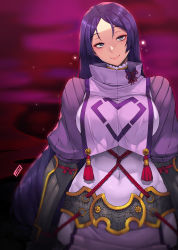  1girl armor arms_at_sides blush bodysuit breasts closed_mouth covered_navel cowboy_shot fate/grand_order fate_(series) head_tilt highres japanese_armor jjune large_breasts long_hair looking_at_viewer minamoto_no_raikou_(fate) purple_bodysuit purple_eyes purple_hair smile solo very_long_hair  rating:Sensitive score:27 user:danbooru