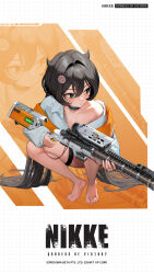  1girl artist_request barefoot black_choker black_hair blush choker closed_mouth collarbone commentary english_commentary food goddess_of_victory:_nikke green_eyes gun hair_horns highres jacket kamaboko long_hair narutomaki official_art rifle scope sniper_rifle solo squatting thigh_strap trony_(nikke) very_long_hair weapon white_jacket  rating:Sensitive score:14 user:danbooru