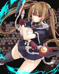  1girl assault_lily belt black_background black_ribbon black_shirt black_skirt black_thighhighs blood blood_spray bloody_weapon blue_blood blunt_bangs bow braid breasts brown_background brown_hair buckle closed_mouth commentary_request cowboy_shot cropped_jacket crossed_arms dual_wielding gem gloves gradient_background hair_between_eyes hair_ribbon hands_up highres holding holding_sword holding_weapon honeycomb_(pattern) honeycomb_background hood hood_down imai_seira lace lace-trimmed_skirt lace_trim leg_warmers light_particles long_hair looking_ahead medium_breasts miniskirt open_belt partially_fingerless_gloves pleated_skirt red_eyes red_gemstone red_gloves red_ribbon ribbon school_uniform shirt short_sleeves single_thighhigh skirt snap-fit_buckle solo standing sword thighhighs twin_braids twintails two-tone_ribbon two-tone_shirt underbust urutsu_sahari very_long_hair weapon white_belt white_bow white_leg_warmers white_shirt wide_sleeves yurigaoka_girls_academy_school_uniform 