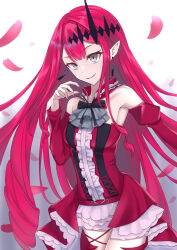 1girl baobhan_sith_(fate) baobhan_sith_(first_ascension)_(fate) bare_shoulders breasts detached_sleeves dress earrings falling_petals fate/grand_order fate_(series) frilled_dress frills grey_eyes hair_ornament hand_up highres jewelry long_hair looking_at_viewer medium_breasts naga_(pixiv70891418) parted_lips petals pink_hair pointy_ears red_dress sidelocks small_breasts smile solo white_background