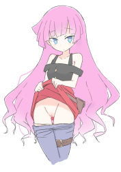 1girl bare_shoulders belt belt_pouch blouse blue_eyes clothes_lift clothes_pull cropped_legs female_focus highres kawasu kawasu_(kkaawwaass) kirishima_romin lifting_own_clothes long_hair looking_at_viewer panties pants pants_pull pants_under_skirt panty_pull pink_hair pouch pussy shirt simple_background skirt skirt_lift sleeveless sleeveless_shirt solo standing uncensored underwear very_long_hair white_background yu-gi-oh! yu-gi-oh!_sevens rating:Explicit score:103 user:sytalidis
