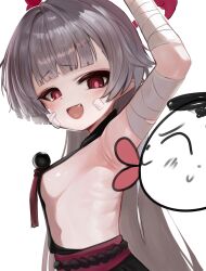 1boy 1girl :d afterimage arm_up armpits bandaged_arm bandages blue_archive blush breasts closed_eyes closed_mouth commentary_request dokomon doodle_sensei_(blue_archive) fang from_side grey_hair halo highres korean_commentary licking licking_armpit long_hair looking_at_viewer looking_to_the_side open_mouth profile red_eyes sensei_(blue_archive) shuro_(blue_archive) sideless_outfit simple_background small_breasts smile sweat tongue tongue_out upper_body very_long_hair white_background rating:Sensitive score:33 user:danbooru