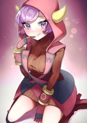  1girl :p blush boots courtney_(pokemon) creatures_(company) fake_horns game_freak gloves high_heel_boots high_heels highres hood hood_up horns long_sleeves looking_at_viewer nintendo pokemon pokemon_oras purple_eyes purple_hair red_gloves red_sweater ribbed_sweater rindoriko seiza short_hair sitting solo sweater team_magma tongue tongue_out  rating:General score:31 user:danbooru