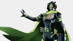  1boy armor asumakobayashi bad_id bad_twitter_id bang_bang_shooting_level_2 cape commentary_request gamer_driver gashacon_magnum gun hair_over_one_eye kamen_rider kamen_rider_ex-aid_(series) kamen_rider_snipe male_focus outstretched_arms shooter_gamer_level_2 shoulder_pads spread_arms weapon white_background 