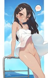  1girl absurdres against_railing bad_id bad_twitter_id bare_arms bare_shoulders black_hair blue_sky blush bottomless bright_pupils brown_eyes cloba cloud commentary dark-skinned_female dark_skin day dress earclip extended_upskirt fang grin groin hair_ornament hairclip highres ijiranaide_nagatoro-san inactive_account against_railing long_hair looking_at_viewer nagatoro_hayase navel no_panties outdoors railing raised_eyebrow see-through signature sky smile solo spoken_blush stomach sundress teeth upskirt white_dress wind wind_lift  rating:Questionable score:530 user:danbooru