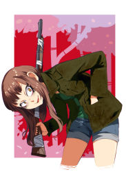  1girl bent_over brown_hair camp_weedonwantcha crazy_eyes crazy_smile cropped_legs eyelashes gun hand_in_pocket highres jacket jcm2 looking_at_viewer open_clothes open_jacket open_mouth purdy rifle short_shorts shorts smile solo tree weapon yellow_eyes 