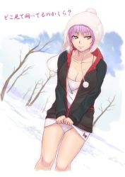  1girl ayane_(doa) bobblehat breasts casual cleavage clothes_lift collarbone dead_or_alive dutch_angle earflap_hat female_focus hat hat_pompom heart heart_panties heart_print hood hood_down hoodie jewelry large_breasts miniskirt mm0131 monmon_(mm0131) necklace open_clothes open_hoodie outdoors panties print_panties purple_hair red_eyes seductive_smile short_hair skirt skirt_lift smile snow solo tecmo text_focus thighs translated tree underwear upskirt winter_clothes 