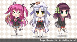&gt;_&lt; 3girls angel_beats! bad_id bad_pixiv_id blue_hair bow cape checkered_background closed_eyes company_connection cosplay green_eyes gun hat instrument key_(company) little_busters! long_hair multiple_girls neon_(neonknight) noumi_kudryavka noumi_kudryavka_(cosplay) pink_bow pink_hair purple_hair saigusa_haruka saigusa_haruka_(cosplay) sakurai_harumi school_uniform striped_clothes striped_legwear striped_thighhighs tambourine tenshi_(angel_beats!) thighhighs tokido_saya tokido_saya_(cosplay) twintails two_side_up voice_actor_connection weapon yellow_eyes yui_(angel_beats!) yuri_(angel_beats!)