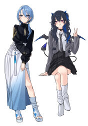  2girls black_collar black_hair black_shirt black_skirt blazer blue_eyes blue_hair blue_horns blue_nails blue_skirt blue_tail blue_wings boots closed_mouth collar collared_shirt crossed_legs demon_girl demon_horns demon_tail demon_wings dress_shirt earrings gradient_horns gradient_skirt gradient_tail gradient_wings grey_jacket grey_necktie grin hair_between_eyes hair_over_shoulder highres hololive horns hoshimachi_suisei hoshimachi_suisei_(oriental_suit) houndstooth ichinose_uruha ichinose_uruha_(6th_costume) invisible_chair jacket jewelry leaning_forward long_hair long_skirt long_sleeves looking_at_viewer loose_socks low_ponytail mini_wings miniskirt multicolored_hair multicolored_horns multicolored_wings multiple_girls nail_polish necktie nisi_ki_no official_alternate_costume open_clothes open_jacket pleated_skirt print_necktie puffy_long_sleeves puffy_sleeves purple_eyes school_uniform shirt side_slit simple_background sitting skirt smile socks standing streaked_hair tail tassel tassel_earrings toeless_footwear toenail_polish toenails two_side_up v virtual_youtuber vspo! white_background white_footwear white_shirt white_skirt white_socks wing_collar wings  rating:Sensitive score:7 user:danbooru