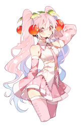  1girl :3 arm_behind_back arm_behind_head arm_up bare_shoulders black_headphones blue_hair blush breasts cherry_hair_ornament closed_mouth collared_shirt colored_eyelashes colored_inner_hair cropped_legs detached_sleeves food-themed_hair_ornament frilled_shirt frilled_shirt_collar frills hair_between_eyes hair_ornament hatsune_miku headset highres kawasaki_(kwsk_8765) long_hair long_sleeves looking_at_viewer multicolored_hair necktie pink_eyes pink_hair pink_necktie pink_skirt pink_sleeves pink_thighhighs pleated_skirt sakura_miku shirt skindentation skirt sleeveless sleeveless_shirt sleeves_past_fingers sleeves_past_wrists solo thighhighs twintails very_long_hair vocaloid wavy_hair white_background white_shirt white_trim 