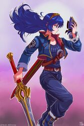  alexis_tipton alternate_costume blue_eyes blue_hair blue_pants commentary cosplay crossover dragon_ball dragonball_z english_commentary falchion_(fire_emblem) falchion_(weapon) fire_emblem fire_emblem_awakening fusion highres holding holding_mask holding_sword holding_weapon intelligent_systems laura_bailey leg_up long_hair long_sleeves looking_to_the_side lucina_(fire_emblem) mask nintendo pants possessed possession stoic_seraphim sword tiara trait_connection trunks_(dragon_ball) trunks_(dragon_ball)_(cosplay) trunks_(future)_(dragon_ball) trunks_(future)_(dragon_ball)_(cosplay) voice_actor_connection weapon 