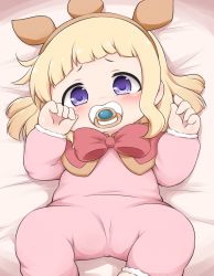  1girl aged_down baby blonde_hair blush bow cagliostro_(granblue_fantasy) child female_focus flat_chest foo_snow granblue_fantasy highres long_hair long_sleeves looking_at_viewer lying on_back pacifier purple_eyes solo spread_legs  rating:Sensitive score:67 user:Domestic_Importer