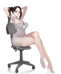 1girl armpits arms_up bare_legs bobobong breasts brown_eyes brown_hair chair closed_mouth commentary crossed_legs earrings full_body hand_in_own_hair high_heels highres id_card jewelry lanyard large_breasts long_hair looking_at_viewer mature_female office_chair office_lady on_chair original pencil_skirt pinup_(style) ponytail shirt shirt_tucked_in shoes simple_background sitting skirt sleeveless sleeveless_shirt solo swivel_chair white_background white_footwear white_skirt rating:Sensitive score:92 user:danbooru