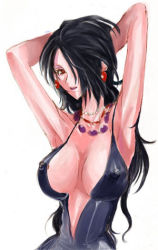  00s 1girl armpits arms_up atomomo black_hair breasts cleavage covered_erect_nipples earrings female_focus final_fantasy final_fantasy_x jewelry long_hair lowres lulu_(ff10) mole necklace one-piece_swimsuit red_eyes simple_background solo square_enix swimsuit white_background 
