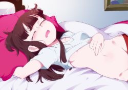  1girl bed blush female_focus indoors jcm2 kagari_atsuko little_witch_academia long_hair sleeping solo trigger_(company)  rating:Questionable score:335 user:Mr_paint_