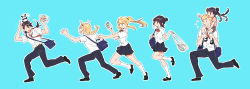  3boys 3girls absurdres alphonse_elric animal animal_on_head bag black_footwear black_hair black_pants black_skirt blue_background bottle bow braid braided_ponytail bread carrying chasing collared_shirt contemporary double_bun dress_shirt edward_elric flying_sweatdrops food from_side full_body fullmetal_alchemist hair_bun hands_up highres holding holding_bottle holding_food kneehighs lan_fan ling_yao lingzi_sang loafers long_hair looking_at_another looking_away low_ponytail may_chang melon_bread milk milk_bottle miniskirt multiple_boys multiple_braids multiple_girls necktie olivier_mira_armstrong on_head outline outstretched_arm panda pants plastic_bag pleated_skirt pointing pointing_at_another ponytail reaching red_bow red_necktie running salute school_bag school_uniform shirt shirt_tucked_in shoes short_sleeves shoulder_bag shoulder_carry sidelocks single_braid skirt socks tears untucked_shirt updo white_legwear white_outline white_shirt winry_rockbell xiao-mei 