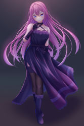  absurdres angry black_thighhighs blue_eyes boots bow breasts cleavage dress female_focus frills gloves hair_between_eyes halterneck hand_on_chest hand_on_own_chest hatyomugi00 highres megurine_luka multicolored_hair pink_hair purple_dress purple_footwear ribbon side_slit simple_background skirt solo thighhighs two-tone_hair vocaloid wind wind_lift zettai_ryouiki  rating:General score:4 user:xXxKandiixXx