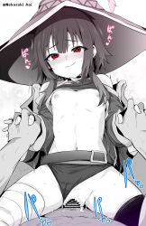 1boy 1girl absurdres asymmetrical_legwear bandaged_leg bandages bar_censor bare_shoulders belt black_cape black_panties black_thighhighs blunt_bangs blush breasts cape censored clothed_sex clothes_lift clothing_aside commission cowgirl_position cum cum_in_pussy dress dress_lift fingerless_gloves girl_on_top gloves grin hair_between_eyes half-closed_eyes hat hetero highres holding_hands interlocked_fingers kono_subarashii_sekai_ni_shukufuku_wo! loli looking_at_viewer megumin mismatched_legwear monochrome navel nekosaki nipples no_bra panties panties_aside penis pixiv_commission pov pov_crotch pov_hands pussy red_eyes sex short_hair short_hair_with_long_locks single_thighhigh small_breasts smile solo_focus spot_color spread_legs straddling sweat thighhighs underwear vaginal witch_hat rating:Explicit score:309 user:danbooru
