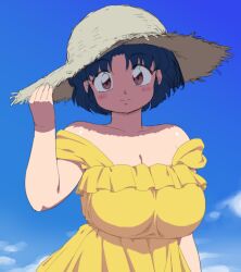 1girl bare_shoulders blue_hair blue_sky blush breasts brown_eyes cleavage dress happy highres large_breasts light mage_(harumagedon) ranma_1/2 shadow short_hair sky smile solo tendou_akane variant_set yellow_dress