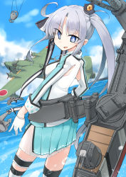  1girl ahoge aircraft airplane akitsushima_(kancolle) akitsushima_(seaplane_tender) anchor aqua_skirt armpit_cutout asymmetrical_hair bad_id bad_pixiv_id blue_eyes blue_sky bow breasts bright_pupils cannon clothing_cutout cloud cloudy_sky commentary crane_(machine) day dutch_angle earrings eyes_visible_through_hair flying_boat gloves grey_hair hair_bow hair_intakes half_gloves hat highres horizon jacket jewelry kantai_collection long_hair long_sleeves looking_at_viewer looking_back looking_to_the_side medium_breasts military military_jacket military_uniform mini_hat miniskirt open_mouth outdoors parted_bangs pleated_skirt raised_eyebrows ribbon-trimmed_skirt ribbon_trim rigging senhappyaku side_ponytail side_slit sidelocks skirt sky sleeves_rolled_up solo standing striped striped_bow thighhighs tsurime turret uniform water_drop white_gloves white_pupils white_thighhighs zettai_ryouiki 