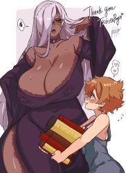  1boy 1girl age_difference breasts cleavage grey_hair highres huge_breasts interracial lady_magnolia_(trickstaboy) large_breasts nipples_through_clothes onee-shota picco roy_(trickstaboy) shota source_request  rating:Explicit score:255 user:Garulpo
