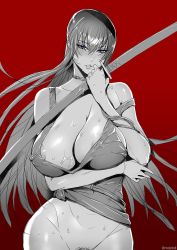 1girl blue_eyes blush bottomless breasts busujima_saeko fei_(maidoll) female_pubic_hair highres highschool_of_the_dead huge_breasts katana large_breasts long_hair monochrome nipples pubic_hair red_background solo sweat sword very_long_hair weapon rating:Questionable score:103 user:danbooru