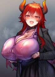  1girl absurdres black_choker blush breast_lift breasts choker cleavage covered_erect_nipples dola_(7th_costume)_(nijisanji) dola_(nijisanji) dragon_girl dragon_horns fangs highres horns huge_breasts jacket jewelry kagami_uekusa long_hair looking_at_viewer multicolored_horns necklace nijisanji open_mouth red_eyes red_hair see-through see-through_shirt solo virtual_youtuber 