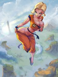 1girl :o android_18 ass blonde_hair blue_eyes breasts cleavage cloud collarbone cosplay cutesexyrobutts dragon_ball dragonball_z hip_focus huge_ass kuririn kuririn_(cosplay) large_breasts looking_down midair navel parted_lips short_hair narrow_waist solo stomach thick_thighs thighs wide_hips rating:Questionable score:147 user:danbooru
