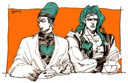  2boys bad_id bad_tumblr_id crossed_arms cup green_hair heart holding holding_cup jojo_no_kimyou_na_bouken kotteri long_hair long_sleeves multiple_boys orange_background partially_colored shirt simple_background sitting terence_t._d&#039;arby upper_body vanilla_ice 